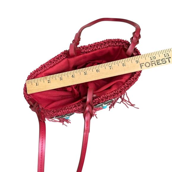 Boho Red Woven Bucket Bag Fringe Western Concho Beaded Shoulder Purse 10x7 - Picture 11 of 12